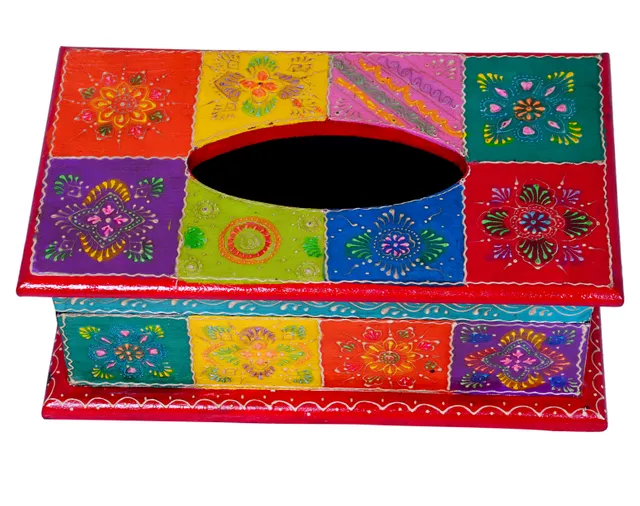 Tissue Box: Hanpainted Wooden Box with Colourful Painting in Traditional Indian Design | Decorative Showpiece Box for Use in Dining Room or Kitchen | Unique Gift Idea(10336)