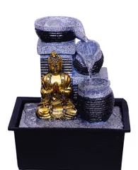 Indoor Water Fountain "Meditating Buddha": Beautiful Combination of 3 Interconnected Diyas and Lord Buddha Miniature Statue with Colored LED Light and Rolling Crystal Ball for Home D?cor, Compact, Light-weight, Portable for Table Top (10339)