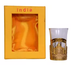 Indian Souvenier , 1 shot glass embedded in carved metallic case of Taj Mahal & Gateway of India (10355)