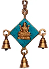 Hindu Religious Wall Hanging of Goddess Lakshmi (Laxmi) in Solid Brass Metal with Turquoise Gem-stone Work and Three Bells (10361)