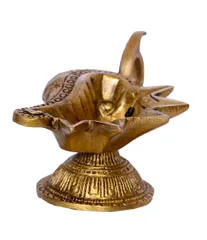 Brass Aarti Diya Deepak Oil Lamp Holder in Unique Combination of Shankh-Surya with Handle (10386)