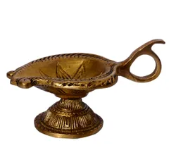 Brass Aarti Diya Deepak Oil Lamp Holder in Leaf Shape and Flower Relief with Handle (10388)