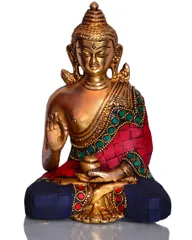 God Statue of Lord Buddha in Solid Brass Metal with Turquoise Gem-stone Work (10512)