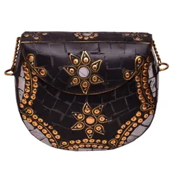 Black Fancy Brass Metallic Party Clutch Purse with Colorful Mosaic Stonework (10599)