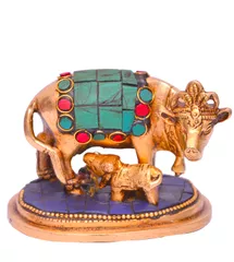 Kamdhenu Cow and Calf in Pure Brass with gem stonework (10643)