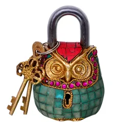 Owl Shaped Brass Padlock: Handmade Antique Design With Colorful Gemstone Work (10684)