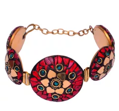 Vintage Bracelet "Blossoming Hearts": Adjustable Design With Artistic Mosaic Stonework Set In Brass (30045)