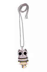 Necklace With Long Chain And Colorfully Painted Funky Metallic Owl with Big Eyes Pendant (30072)