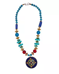 Necklace Chain With Glass Beads & Blue Mosaic Work Brass Pendant (30076)