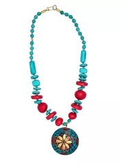 Necklace Chain With Glass Beads & Red Blue Mosaic Work Brass Pendant (30077)