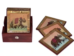Square Coaster Set of 6: Real Gemstone design on Pinewood Indian souvenir(10716)