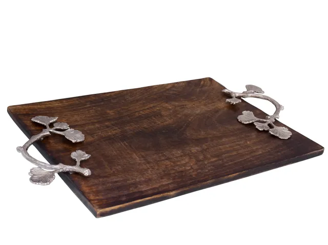Artisan Crafted Rectangular Rustic Wooden Tray With Silver Color Handle For Serving Snacks, Glasses (10734)