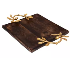 Artisan Crafted Square Rustic Wooden Tray With Golden Color Handle For Serving Snacks, Glasses; Unique Design (10735)