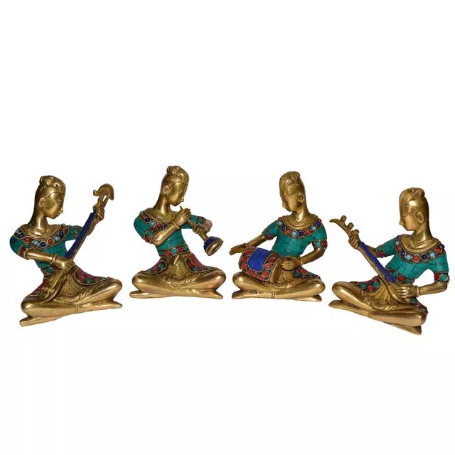 Set of 4 folk musicians 6 inch Pure brass with gemstonework Statues Showpieces Brass statues Table Decor Handcrafted Indian Gift                         (10800)