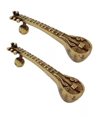 Door Handles in Pure Brass for Main Door, Indian Musical Instrument Sitar Design Fully Functional Decorative SItar Brass Door Handles                         (10814)