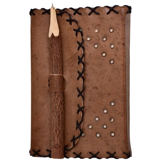 Leather Diary / Journal / Notebook 'Manuscript': Naturally Treated Paper With Chipped Wood Encased Pen For Corporate Gift Or Personal Memoir (10761)