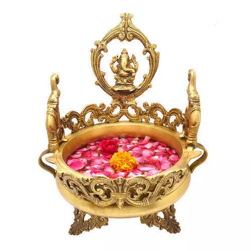 Pure Brass Ganesha Urli, Flower Vase, Thali for Floor, Unique Indian decor 10943
