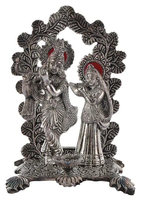 Janamashtmi Special Radha Krishna Statue with Diya in Oxidised White Metal, Unique D?cor Indian Gift (10925)
