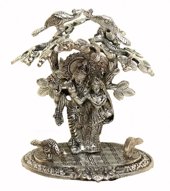 Janamashtmi Special Radha Krishna Statue Under Tree in White Metal, Unique D?cor Indian Gift (10927)