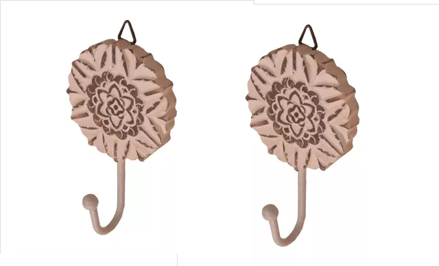 Designer Iron Hooks with Floral Wooden Panel for Hanging clothes keys Set of 2 (10939)
