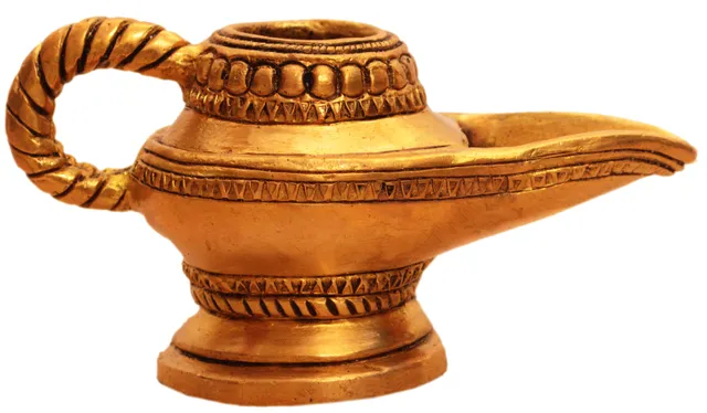 Brass Lamp Anajli Holder: Magic Lamp Or Aladin's Chirag Shape Charan Amrit Vessel For Home Temple (10913)