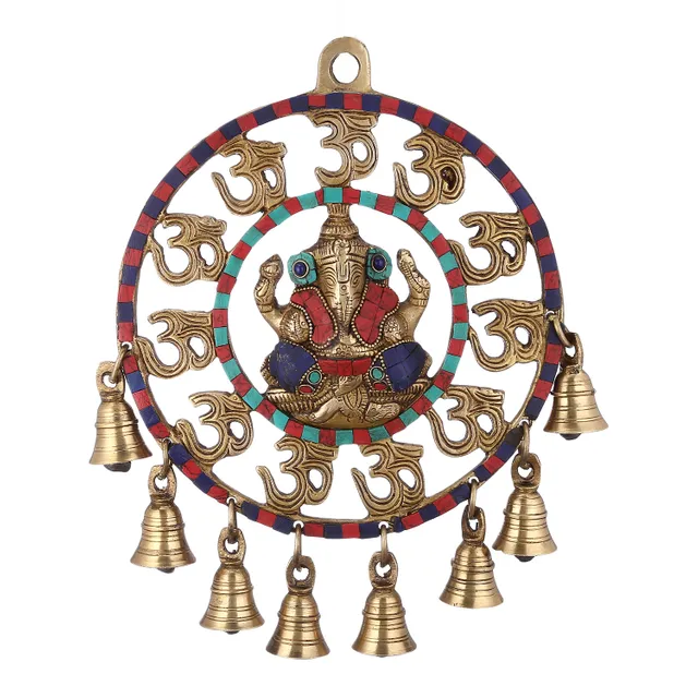 Brass Wall Hanging Om Ganesha:  Spectacular Plaque with Gemstones and Bells (10945)
