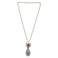 Necklace With Long Chain And Colorfully Embellished Funky Metal Kitty Cat Pendant (30104)