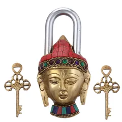 Brass Padlock: Lord Buddha Lock With Gemstones; Unique Gift For Security And Decor (10946)