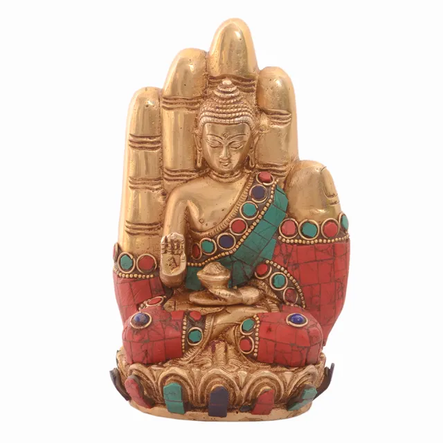 Rare Collection Lord Buddha Statue In Solid Brass Metal With Turquoise Gem-stone Work: Decor Gift For Home Temple, Office Table (10986)