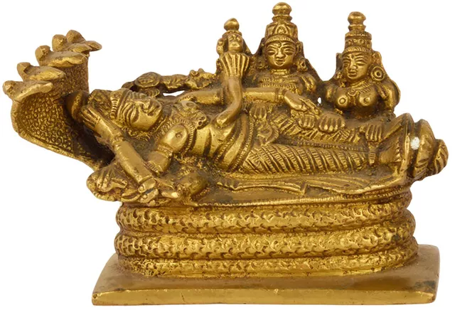 Rare Collection Brass Idol Lord Vishnu Trimurti With Shiva & Brahma: Anantashayi,AnandShayan Sleeping Vishnu-Lakshmi Unique Brass Statue (11032)