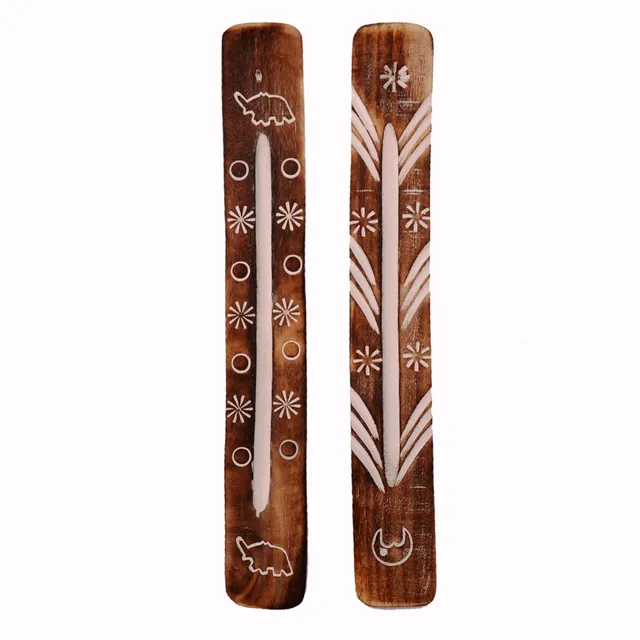 Wooden Incense Stick Holder Agarbatti Stand (Set Of 2): Ash Catcher, Hand Carved With Nature's Elements (11055)