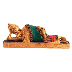 Rare Collection Buddha Idol In Reclining/Sleeping/Resting Pose: Pure Brass Idol With Magnificient Gemstones (11089)