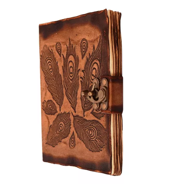 Leather Journal (Diary Notebook) 'Peacock Feathers': Handmade Fire Burnt Paper In Deckle Edge Leather Cover With Unique Brass Lock For Corporate Gift Or Personal Memoir (11121)