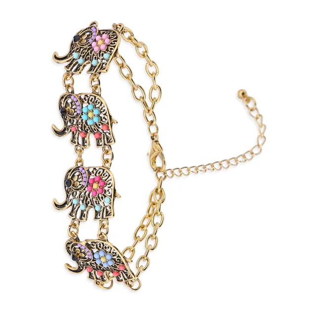 Vintage Bracelet 'Trumpeting Elephants': Adjustable Design Set In Beads & Metal; Party-wear Jewelry For Girls (30116)