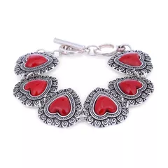 Vintage Bracelet 'Cherry Red Hearts': Adjustable Design Set In Oxidised Metal; Party-wear Jewelry For Girls (30115)