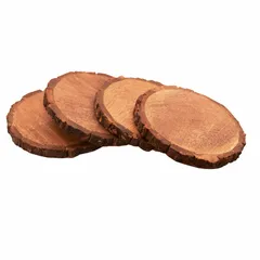 Wooden Coasters (Set Of 4) In Natural Mango Tree Bark: Rustic Dining Table Barware Gift; 5 Inches Each (11141)