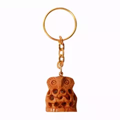 Key Chain/Ring/Hook 'Wisdom Owl': Sculpted In Kadam Wood with Fine Indian Cutwork/ Jaliwork, Unique Indian Gift Idea (11263)