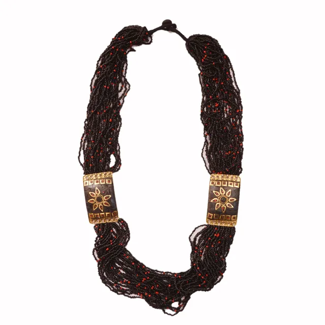 Beads Necklace 'Black Queen': Multistrand Black & Red Beads Rani Haar With Brass Locket (30123)