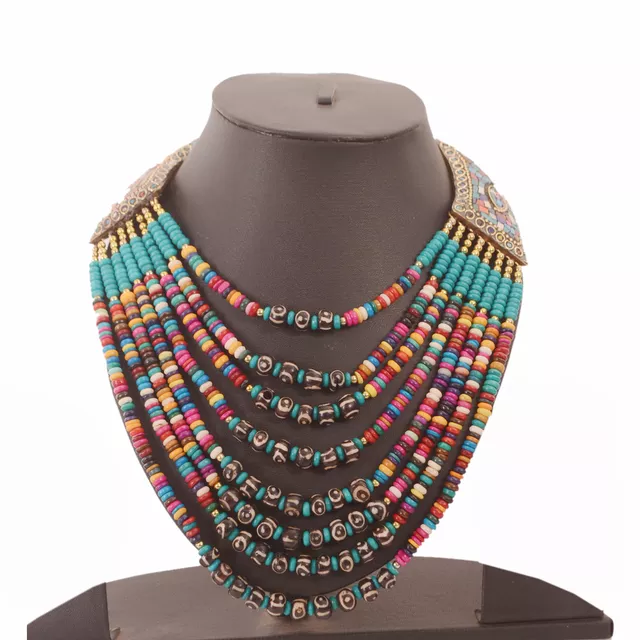 Beads Necklace 'Cleopatra': Multistrand Colorful Rani Haar With Brass Locket (30124)