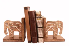 Wooden Bookends Stand Holder Bookshelf Organizer 'Mighty Elephants': Unique Decor Gift For Book Lovers (11293)
