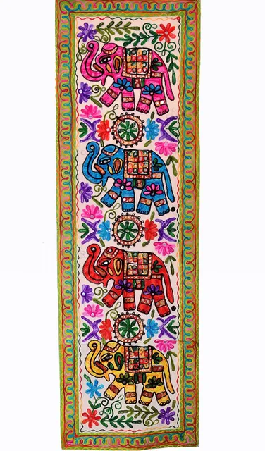 Cotton Tapestry 'Elephant Jambooree': Vintage Embroidery Table Runner Or Wall Hanging (11356)