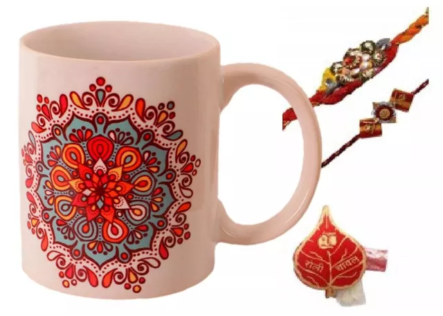 Rakhi Hamper: Traditional Design Ceramic Mug, 2 Designer Rakhi & Roli Chawal (rakhi64a)