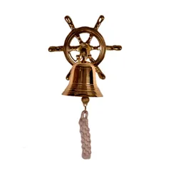 Brass Nautical Bell with Captain's Wheel Hook: Unique Pirate Ship Marine Decor Gift (11402)
