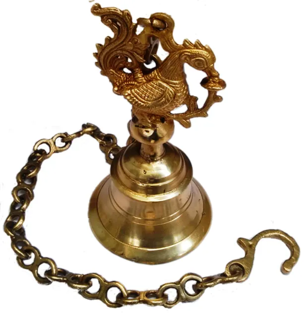Temple Hanging Bell In Peacock Design: Solid Brass Heavy Bell With Deep Sound (11427)