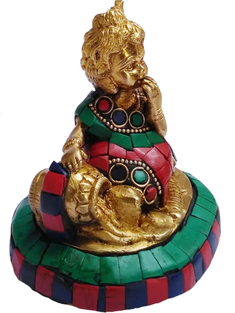Brass Statue Lord Krishna Makhan Chor: Handmade Idol with Gemstones (11430)