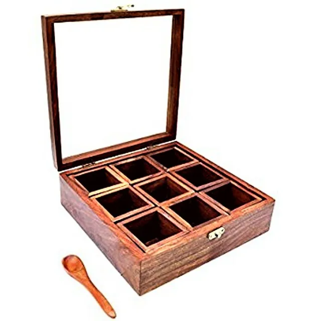 Wooden Spice Box: 9 Compartment Case with Transparent Cover (11500)
