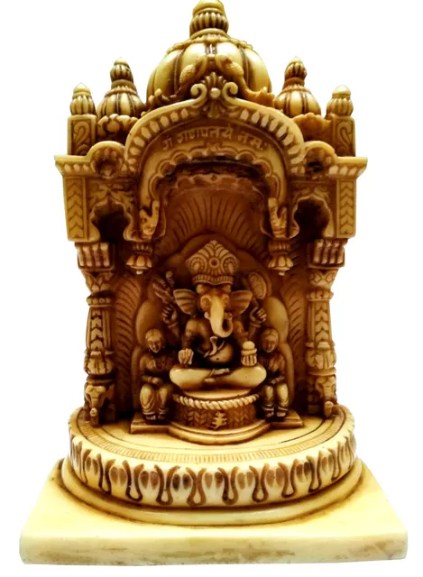 Resin Idol Lord Ganesha with Siddhi & Biddhi in Temple: Stone Finish Statue (11644)