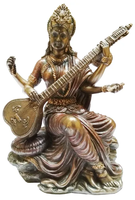 Resin Idol Saraswati, Goddess of Knowledge, Music & Arts: Bronze Finish Statue for Home Temple (11650)