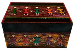 Decorative Wooden Box 'My Tribe': Warli Art Painted Vintage Case for Jewelry, Trinkets or Tea Bags (11654)
