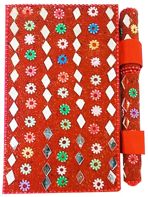 Paper Diary and Pen: Handmade Pocket Journal with Mirror-work Cover, Red (11747)